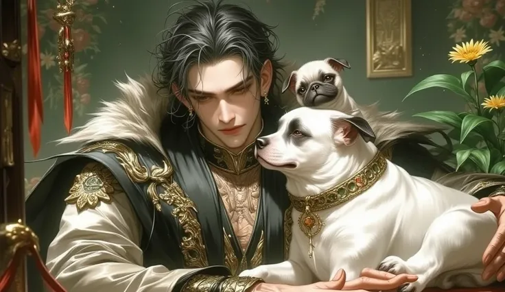 A chinese yin yang master sitting in a garden his half suanni half lion half pug mix giant pet was with him lying down watching him and protecting him, a pug is trying to climb into his lap and a baby pug is on the master's head sleeping, splash art 