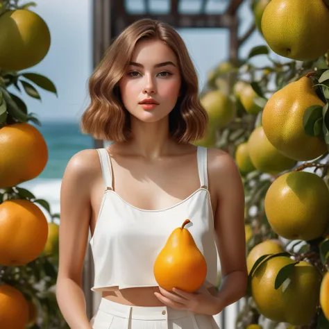 Ultra-Realistic Photo [A stunning woman], [20 years old], [“Gwenella“], [Pear-shaped body], [Green eyes], [Soft, slightly wavy,  Bob hairstyle golden-brown hair  shoulders and back], [White cropped top with wide straps and a knot in the front she is holds ...