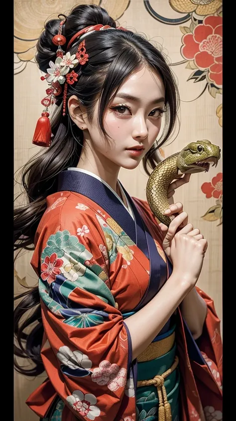 ukiyo-e, ultra complex high detail, beautiful japanese traditional culture, playing with snake