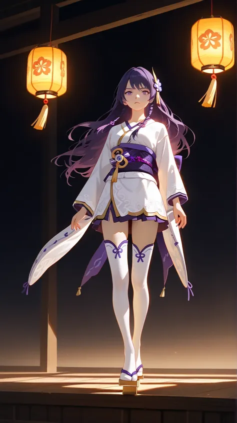 purple long hair, braided hair,white kimono,Lightning Generalの服,gold and purple hair ornament、 Lightning General、night、 Fantastic、 indoor、serious expression、front high resolution,  anatomically correct,  highest quality,  textured skin, White thigh-highs, ...