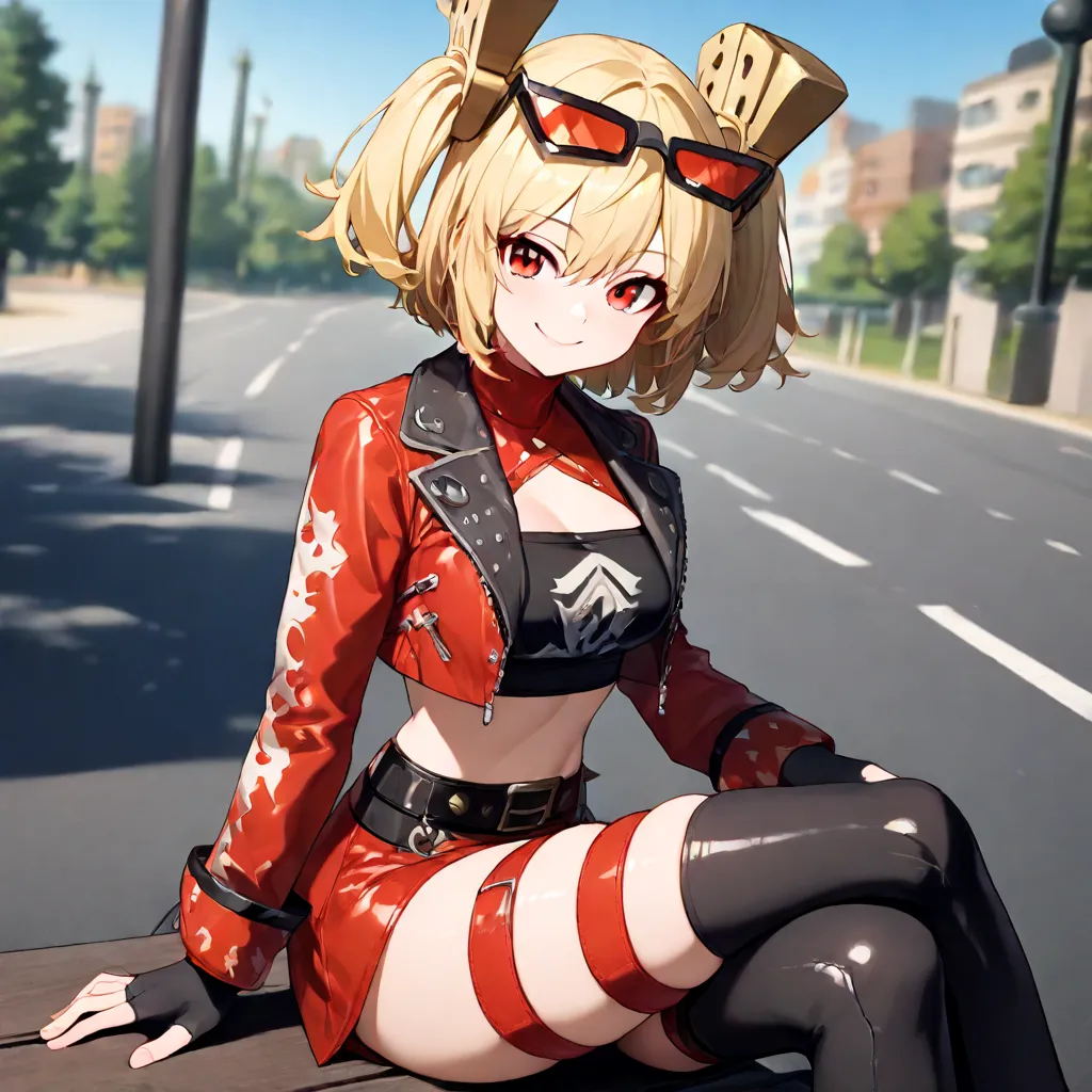 masterpiece,The best quality,amazing quality,burnicezzz  , Blonde Hair, red eyes,Short Hair, two sides up,  hair ornament,  glasses on the head, 1 girl, Alone ,  outdoor, street,cowboy shot, looking at the viewer, black,  cropped jacket ,  Long Sleeves Lea...