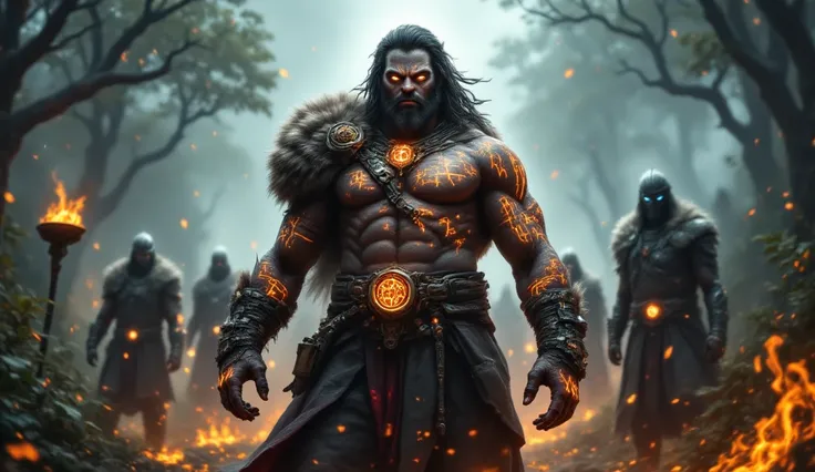 A Nordic shaman with a painted face, Viking style, super strong, big chest and arms and bright eyes, surrounded by fiery runes, with Norse warriors in the background and the jungle shrouded in fog.