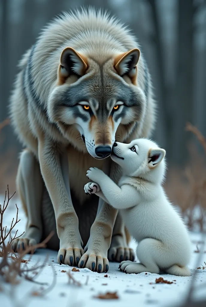 White wolf cub clinging to the leg of a dying wolf with gray fur 