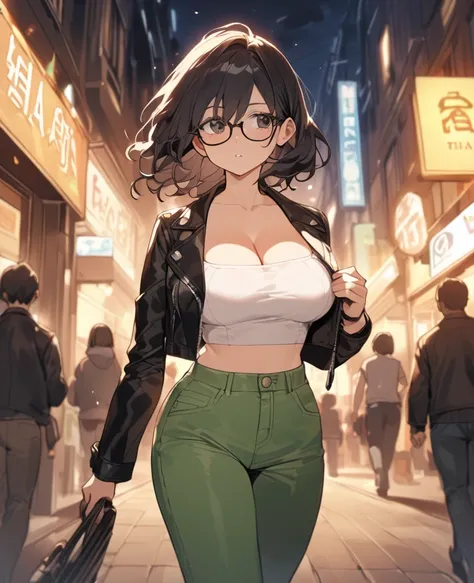  A 17-year-old girl ,  short black hair, black glasses and black eyes , high,  thin, big breasts. Wearing a white button-down crop top blouse with an open neckline, neckline over a black leather jacket and baggy green jeans walking in a square. As she walk...