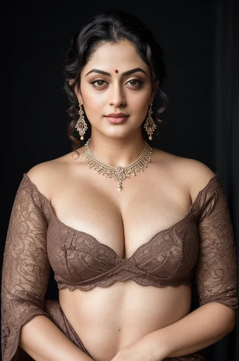 Looks like Sandeepa Dhar, a photo portrait of a beautiful girl 40 years old Woman, curvy hot mommy figure, fleshy figure, feminine curve, with curls, styled black hair, (face portrait:1.5), dramatic light, Rembrandt lighting scheme, bust shot, linen tank t...