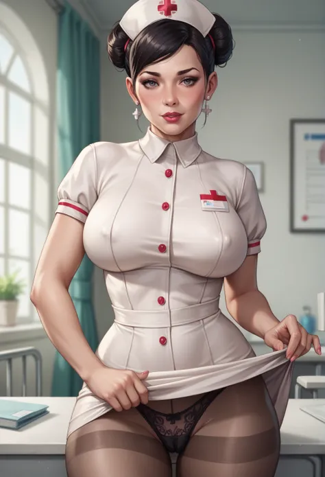  a mature woman , showing her ,  short black hair tied ,  1 high bun on the back,  Looks like a 30-year-old woman , big breasts, Big hips, thick legs, nurse clothes,  Black panties, hip-length pantyhose,  blushed,  In a Mansion.  Realistic. lentes (((She l...