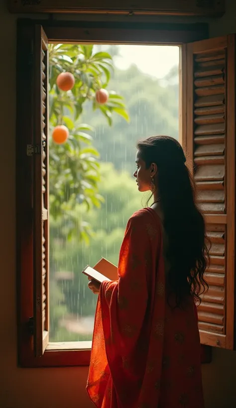 A vintage image of a beautiful traditional girl, beauty of her womanhood in saree or half saree along wind, and long hair with a book looking outside through a traditional Indian window which opens to chempaka flower trees, gulmohar, winds, mango trees, ra...