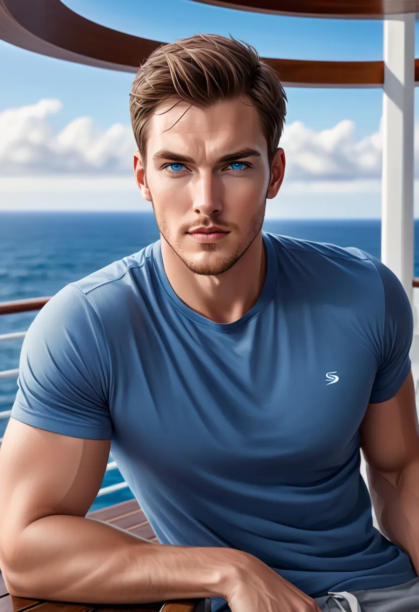 Create a gorgeous 36-year-old man like Chris Wood, brown hair in a short men's cut,  blue eyes, masculine, athletic, Serious, on a modern deck looking out to sea