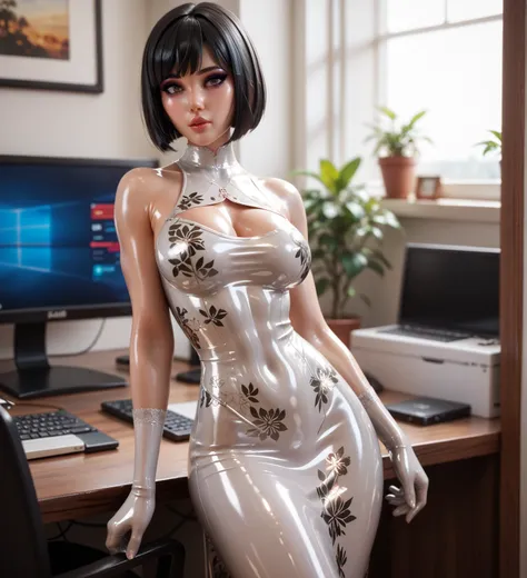  girl, standing at the computer in the apartment,  in an extremely tight , shiny white latex full dress, bob cut, black hair,   very strong shiny skin, medium long latex gloves,  very strong shiny skin,  very strong makeup, Floral pattern, 