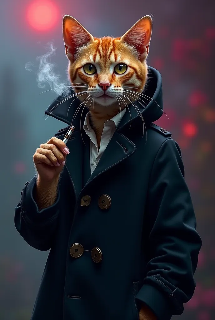 Peux tu faire une  image d’un chat calicot femelle avec sa tête de chat mais un corps humain. Sauf les mains qui sont toujours ses pattes. Sur l’image le chat se tient debout, porte un long manteau noir élégant et vapote une cigarette électronique. on l’a ...