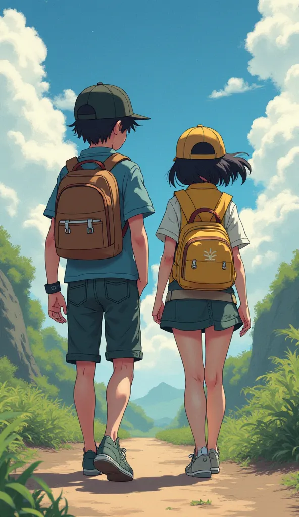 Create a full art Pokémon illustration of a couple the very white skinned boy, black hair, honey-colored eyes and a black cap the girl medium skin, black hair medio corto con fleco como si estuvieran en una aventura atrapando pokemones y lanzando pokebolas