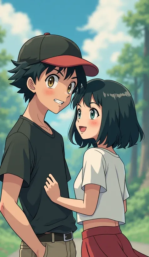 Create a full art Pokémon illustration of a couple the very white skinned boy, black hair, honey-colored eyes and black cap the girl's medium skin, black hair medio corto con fleco como si estuvieran en una aventura atrapando pokemones y lanzando pokebolas