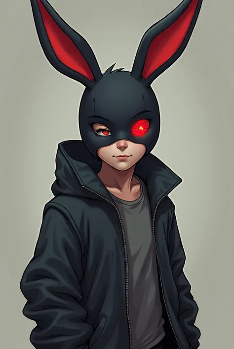 A boy  has a rabbit mask on his face with a medium muscular tombik has a red splint in his left eye, if his ears are red, the inside is red