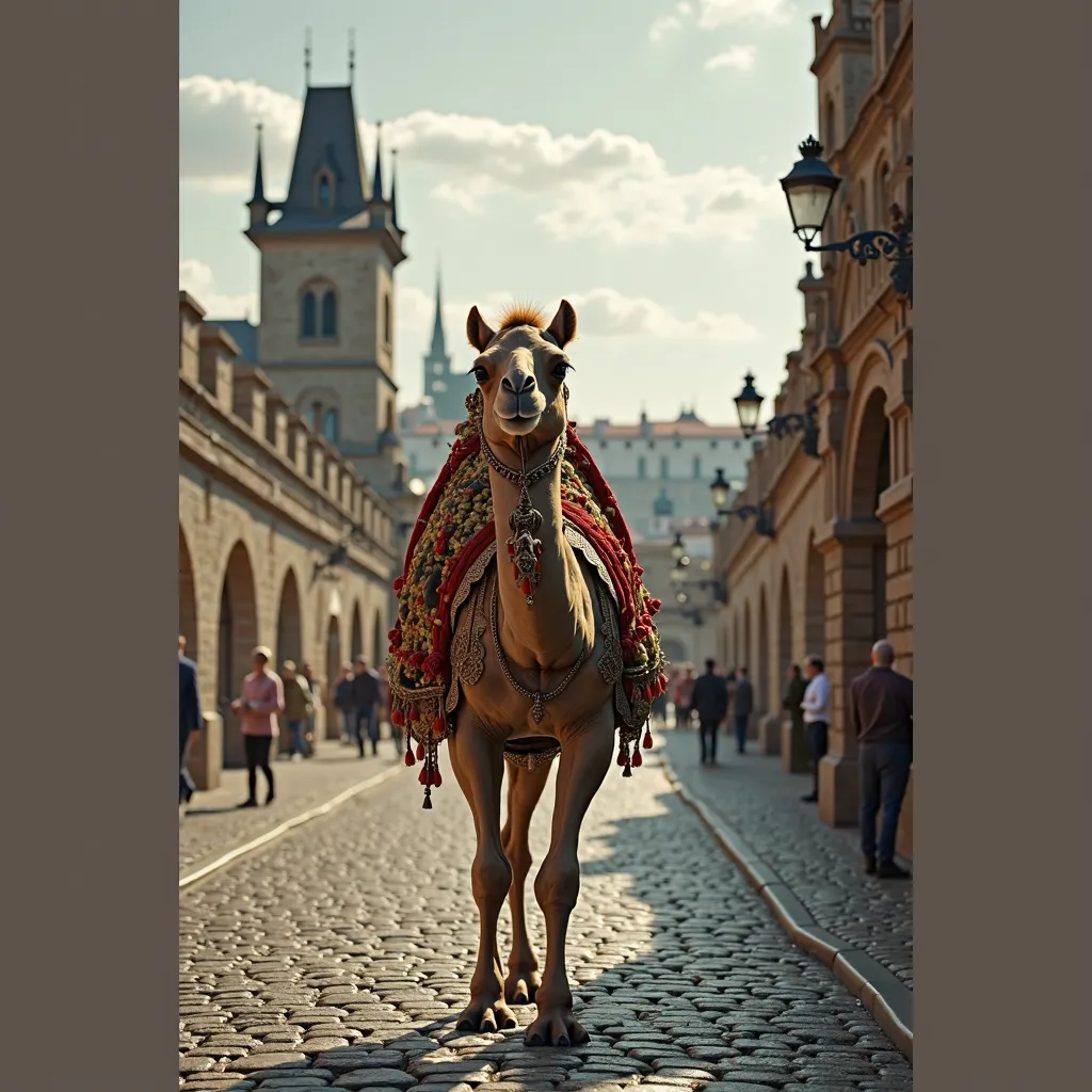 arabic decoration camel walking on charles bridge in pragu