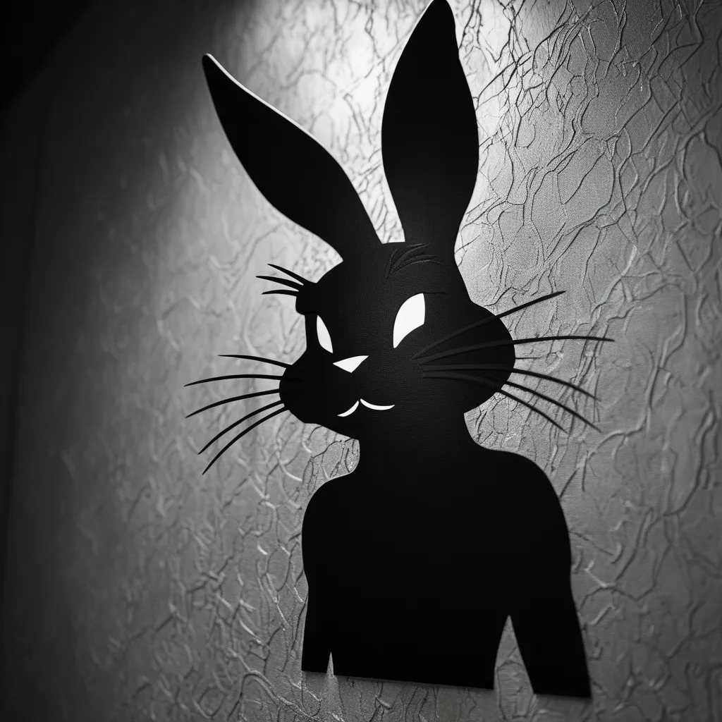 (realistic shadows:1.3), (Bugs Bunny silhouette on textured wall:1.5), dramatic cinematic lighting, high contrast black and white tones, intricate shadow details, soft natural light from window, grainy wall surface, depth of field, 8k ultra-detailed, (vint...