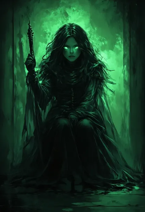 fantasy art, shadow art, goth art, there is a dark shadow of a woman on the wall, the shadow has green eyes, glowing eyes, invert color