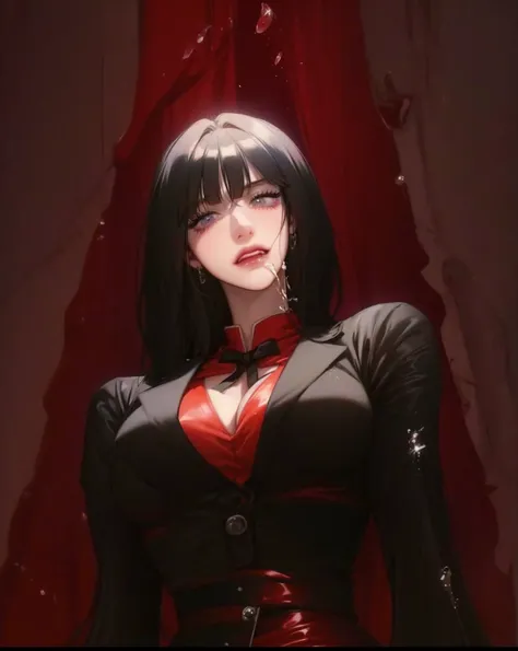 anime girl in a black and red outfit posing for a photo, rin tohsaka, akane owari danganronpa, made with anime painting studio, demon anime girl, female anime character, vampire girl, anime woman, dark gapmoe yandere, seductive anime girl, anime character,...