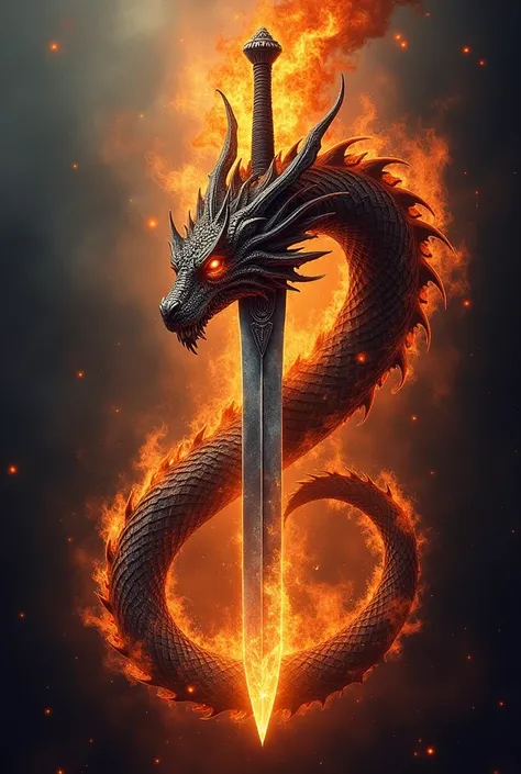 "A fierce, fire-breathing dragon coiled around an ancient sword, with glowing eyes and intricate scales. Highly detailed, fantasy art style with dramatic fire and smoke effects, rich contrast for a striking t-shirt print."