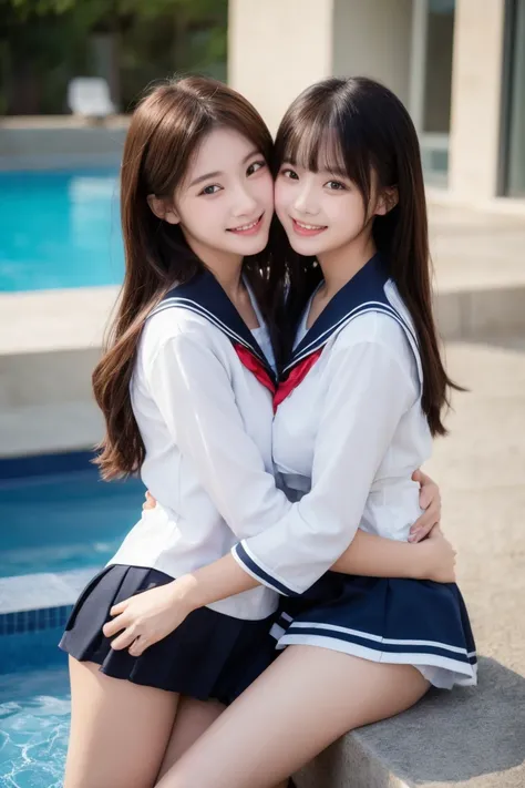  2 girls hugging each other  、Best depth of field  ,      sailor suit、big breasted、   high school girl、    big breasts,       sports、smile、     barefoot、     long hair、length,    sharp eyes、Charis Senix   、  pool、miniskirt