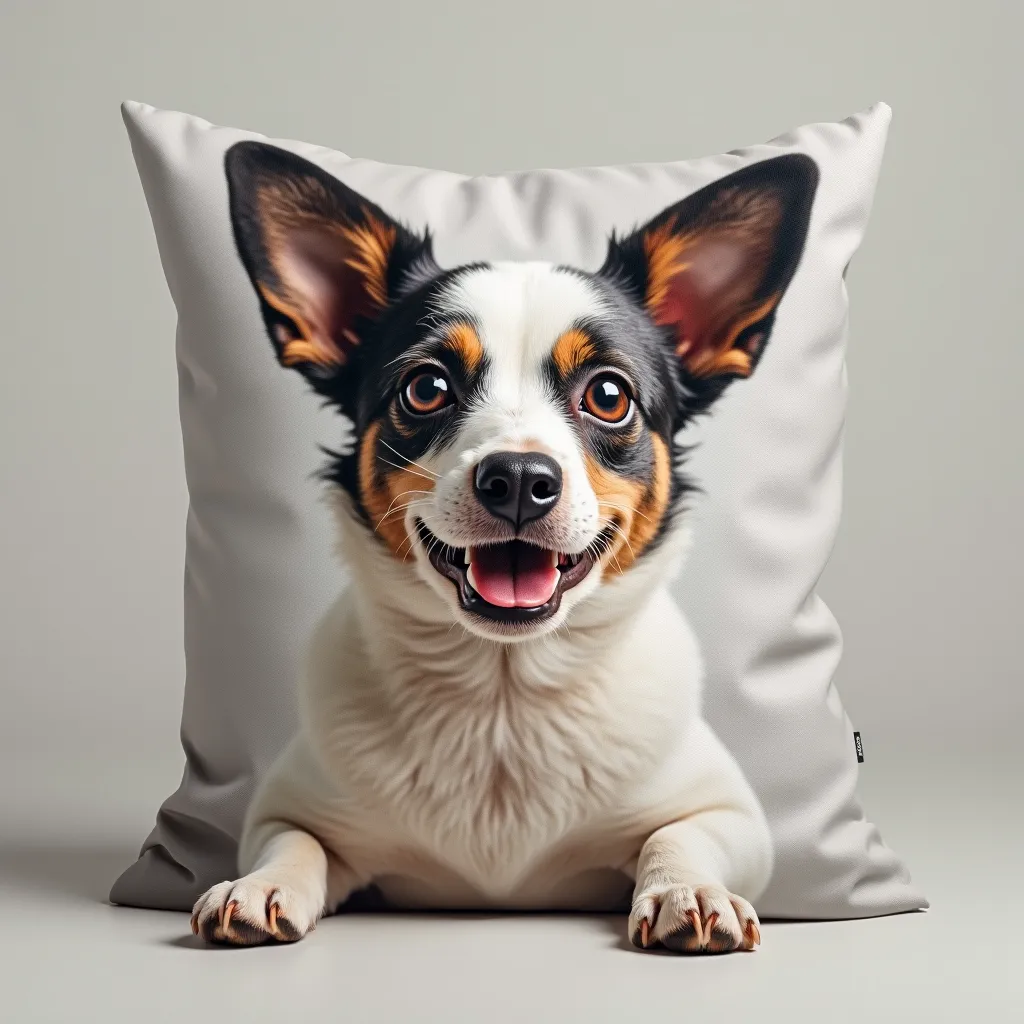 Considering this dog in the photo, create a photo of a personalized pillow with his face