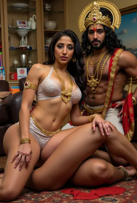 durga maa wearing sexy transparent dress, thick thighs big big hips , showing naked hips. She is wothout blouse. She is sitting on the thighs of mahisasur whille mshisasur is laying down while demon king Ravan woth hanuman is fucking durga maa from behind