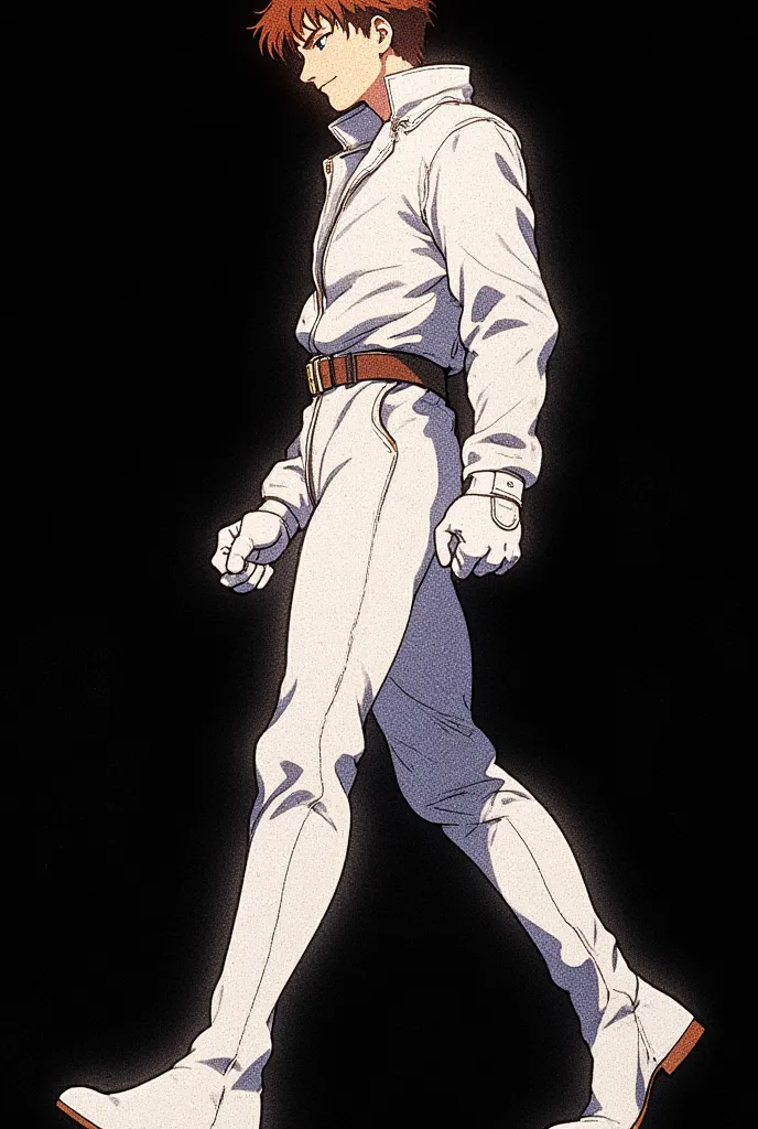 (full body image) (side view) Handsome cute anime hero boy, full white leather jumpsuit, white leather gloves and boots, brown hair, blue eyes, walking to the right, fists, large stride, smirk, pitch black background