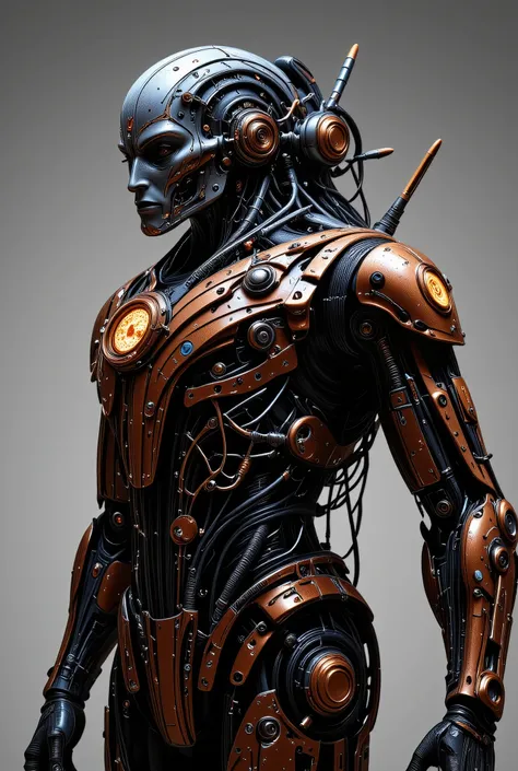 A metallic robot, positioned slightly to the right of center in the image, is depicted from the back. The robot's head, detailed with intricate mechanical components, has a round, central element with glowing orange accents.  Its head and neck are a mix of...