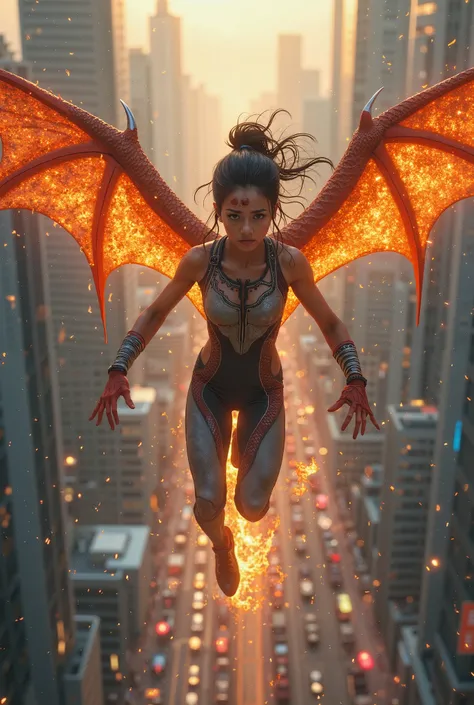  Flying towards the spectator over the city,  full body, 16-year-old girl in a tight jumpsuit , marking the body ,  with dragon wings and spitting fire.