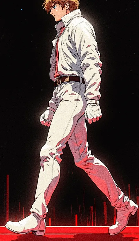 (far shot) (side view) Handsome cute anime hero boy, full white leather jumpsuit, white leather gloves and boots, brown hair, blue eyes, walking to the right, fists, large stride, smirk, walking across a red platform, pitch black background