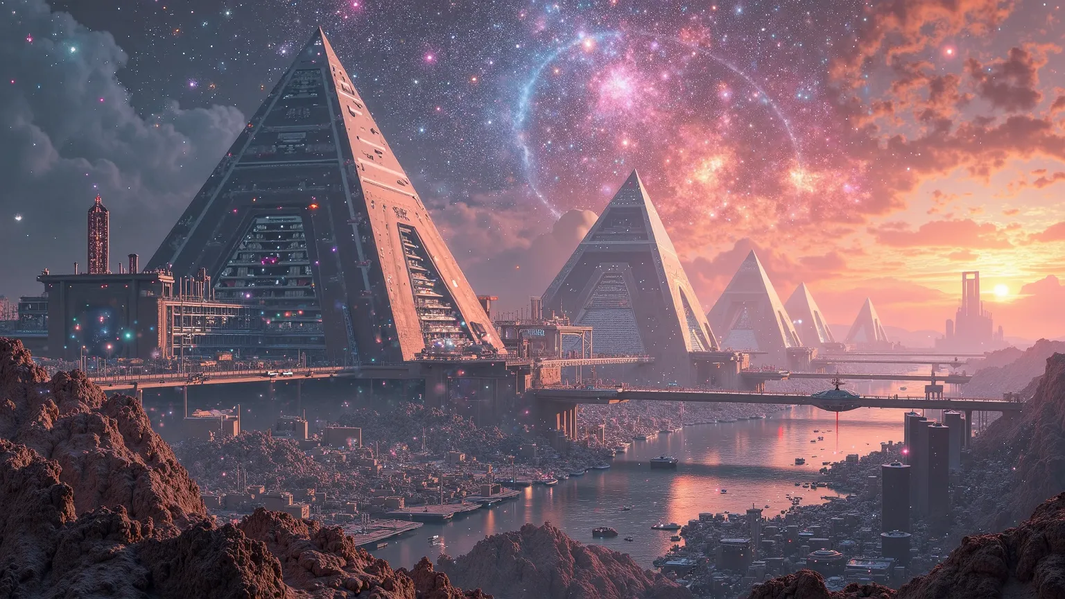 aerial view of an immense futuristic city on a distant planet in another galaxy, with skyscrapers of advanced design, floating bridges and neon lights that illuminate the alien landscape. In the center of the metropolis, three colossal pyramid-shaped space...