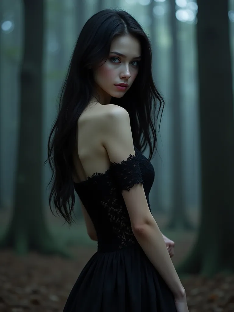 Create the realistic image of an adult woman, blue-eyed with long black hair and pale complexion, who wears a tight black dress with lace, In the background add a dark forest and make him look over his shoulder in profile. 