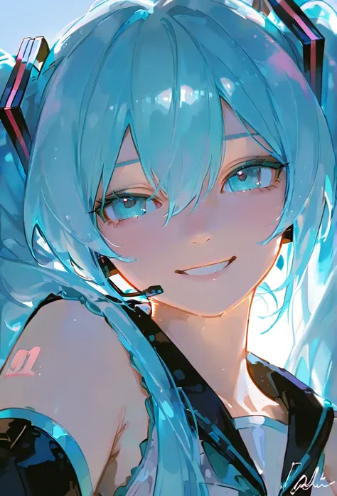  high quality , masterpiece,   748cm Style  ,   1 fille,        high quality,     smile、,   Hatsune Miku ,    light blue hair  ,   yeux bleu clair, 2 hair ties ,、Very huge big boobs、