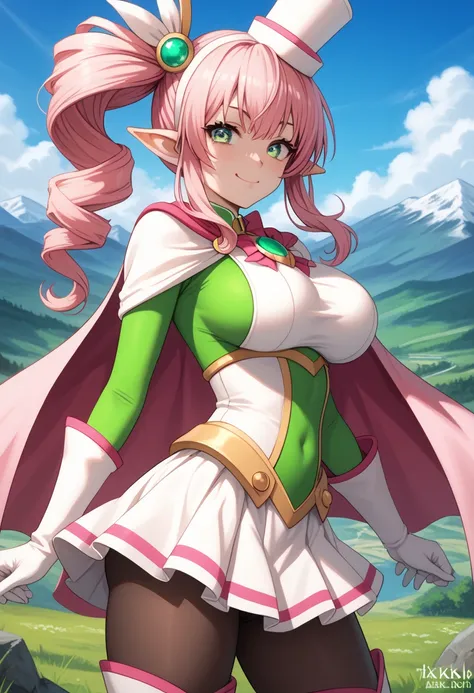 Score_9, score_8_up, 4k, 8k, , , anime goblin girl, green skin  ,green face,, green arms, pointy ears ,big breasts, ,pink hair, long hair, side ponytail,  lewd face, big ass, , , cowboy shot ,, looking at viewer,, green eyes ,very detailed eyes, outside, ,...