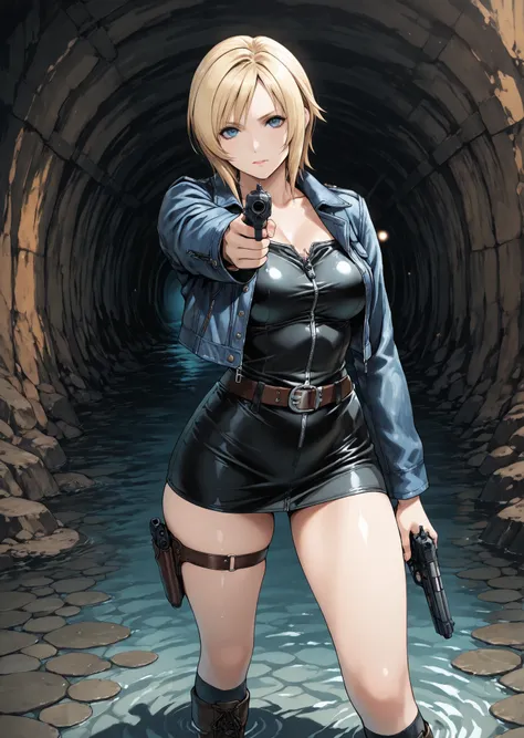 masterpiece, best quality, amazing quality, anime, (realistic:0.8). BREAK. azur lane style, 1girl, aya brea, parasite eve, detail eyes, blue eyes, shiny golden blonde hair, very short hair, (lipstick), (medium breasts:0.8), (bare neck:0.8), skin-tight blac...