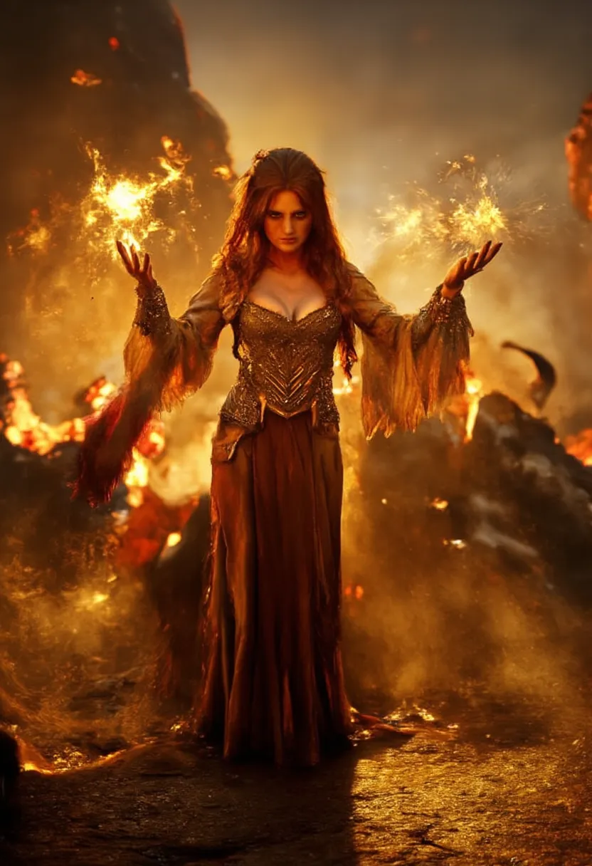 Greek Fire Goddess, long-haired redhead , beautiful and radiant amber eyes,  perfect sculptural body , wearing divine warrior armor adorned with divine amber in an imposing pose holding floating fireballs highlighted rising from a volcano ultra quality pos...