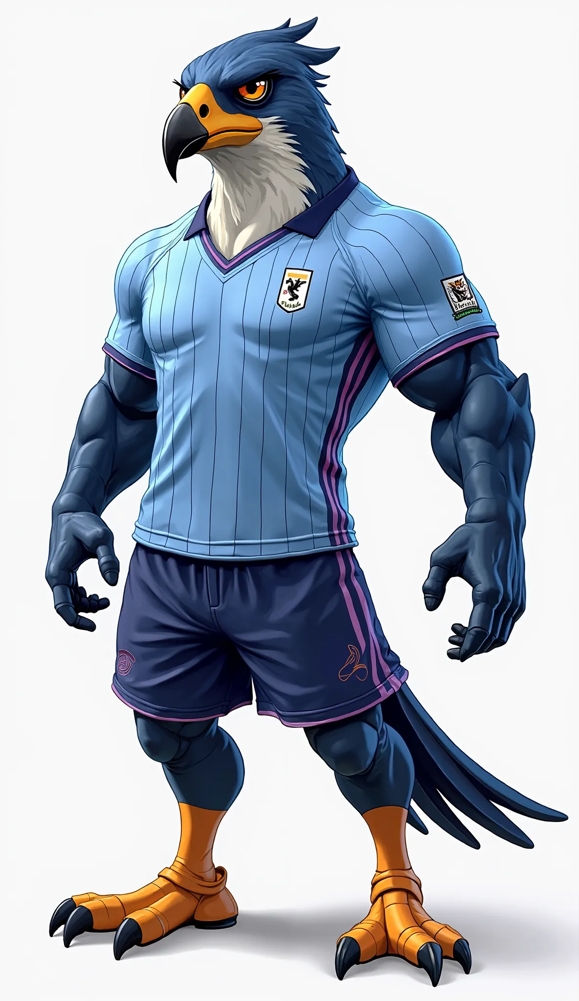 An anthropomorphic falcon mascot rendered in full body,  strong and athletic , look with large, well-defined wings. The falcon is wearing a light blue soccer uniform with purple details. The shirt has a dark collar and thin vertical stripes, , very much ma...