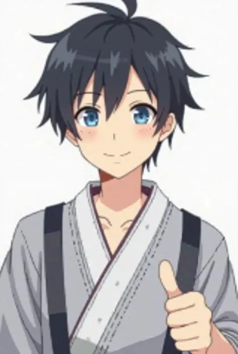 add Generate a male anime character with disheveled and pointed black hair,  Big, bright blue eyes . The character must have a cheerful facial expression with a wide, friendly smile. You must be making a thumbs up gesture with one of your hands. Wear a gra...