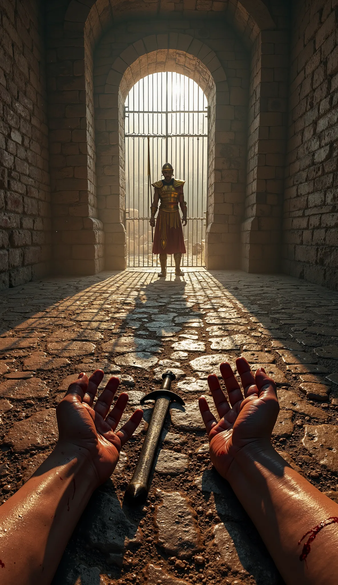 "A hyper-realistic first-person perspective of a gladiator inside a dark Roman prison cell. The viewer sees their own hands, dirty and stained with blood, in the foreground. A rusty sword lies abandoned on the ground just out of reach. Outside the iron-bar...