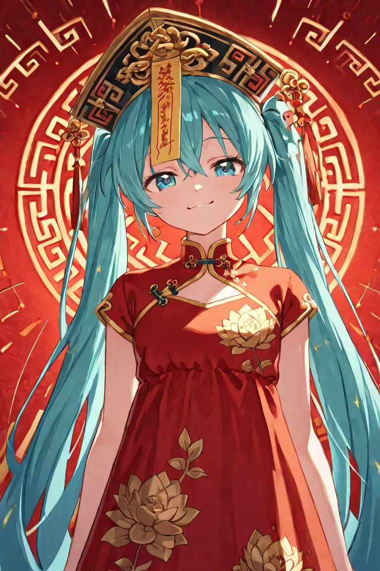 Miku Hatsune, red background, Warm contrast, Chinese theme, dynamic pose, heart in the eyes, Chinese hat, lion Chinese hat, chinese sundress, smirk