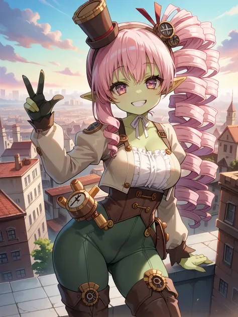  Score_9, score_8_up, 4k, 8k, detailed face, ,  anime goblin oppai loli, , green skin, pointy ears,big breasts, ,pink hair, drill hair, side ponytail,  lewd face, huge ass,    , , cowboy shot ,    boots,   looking at viewer,, pink eyes ,very detailed eyes,...