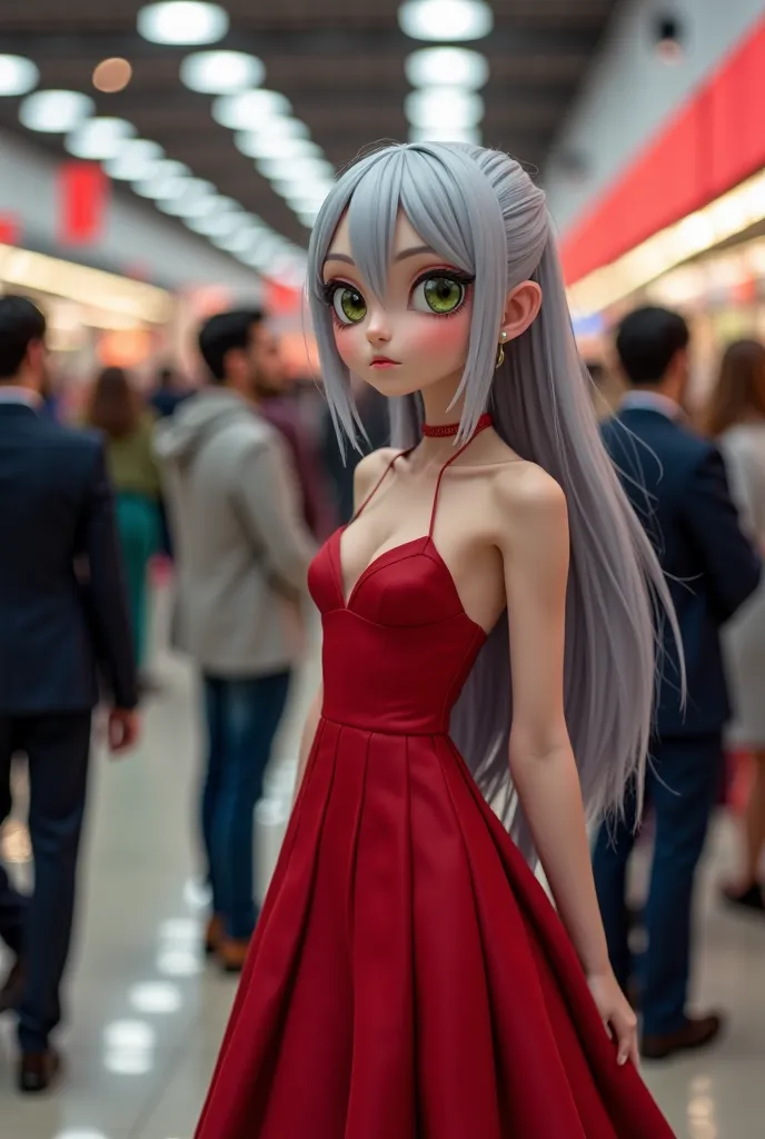 A masterpiece photo of Lumi standing in a long line of people in front of an electronics store with an excited look on her face. Lumi is a  40 yo woman, slim with a flat chest, long straight silver-dyed hair parted in the middle and green eyes, wearing an ...