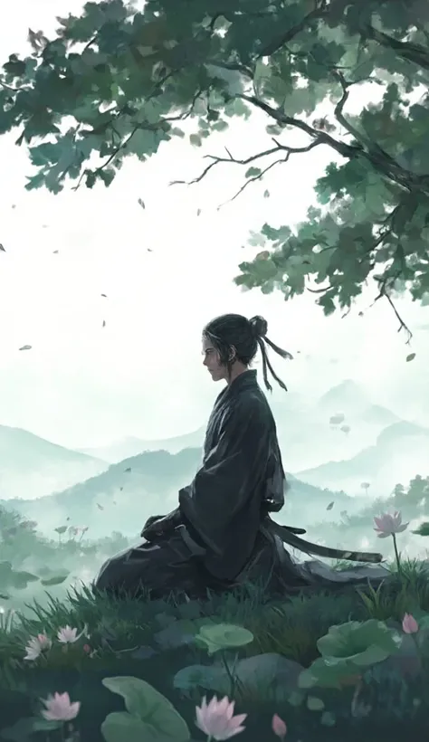 ninja, kneeling under a Lotus tree in Feudal Japan, foreground