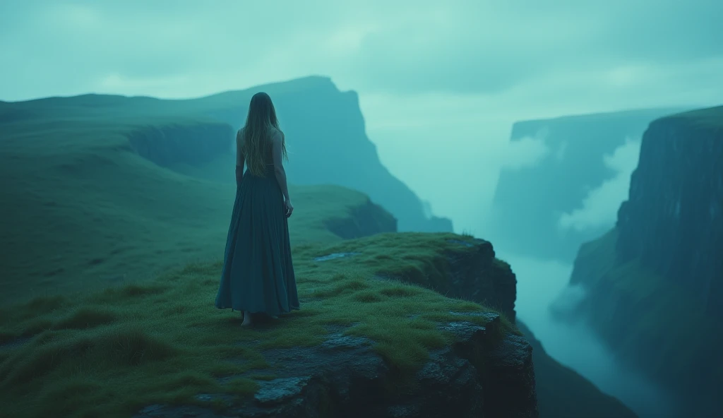 ArsMovieStill, Movie still from a 2010s folklore horror film, The image shows a woman in a long dress standing atop a cliff surrounded by lush green grass and a majestic mountain in the background with a clear blue sky above., 1girl, long hair, dress, outd...