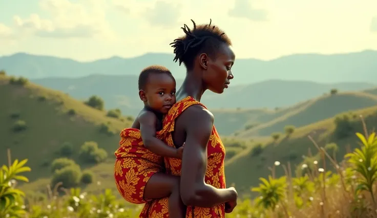 A beutful african mother carring her baby on her back