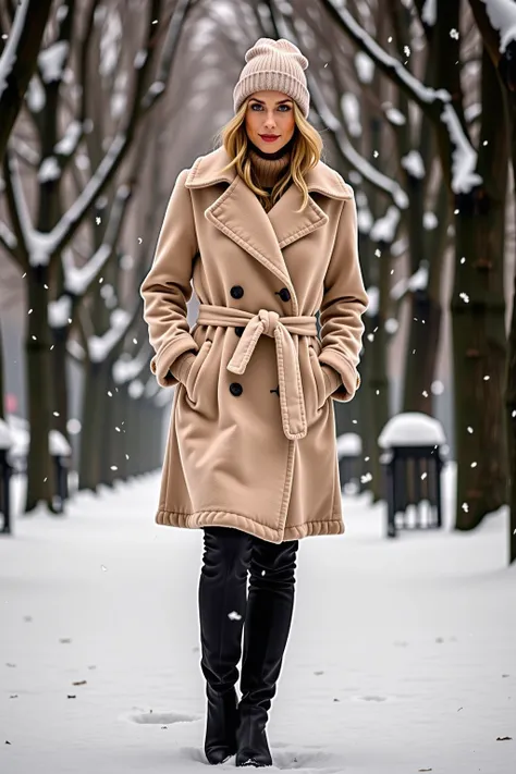 A woman stands in a snowy park, wearing a light beige, plush, knee-length coat with a belt tied at the waist. The coat has large lapels and two visible buttons near the waist. She wears a matching beige knit beanie pulled down over her ears. Her blonde hai...