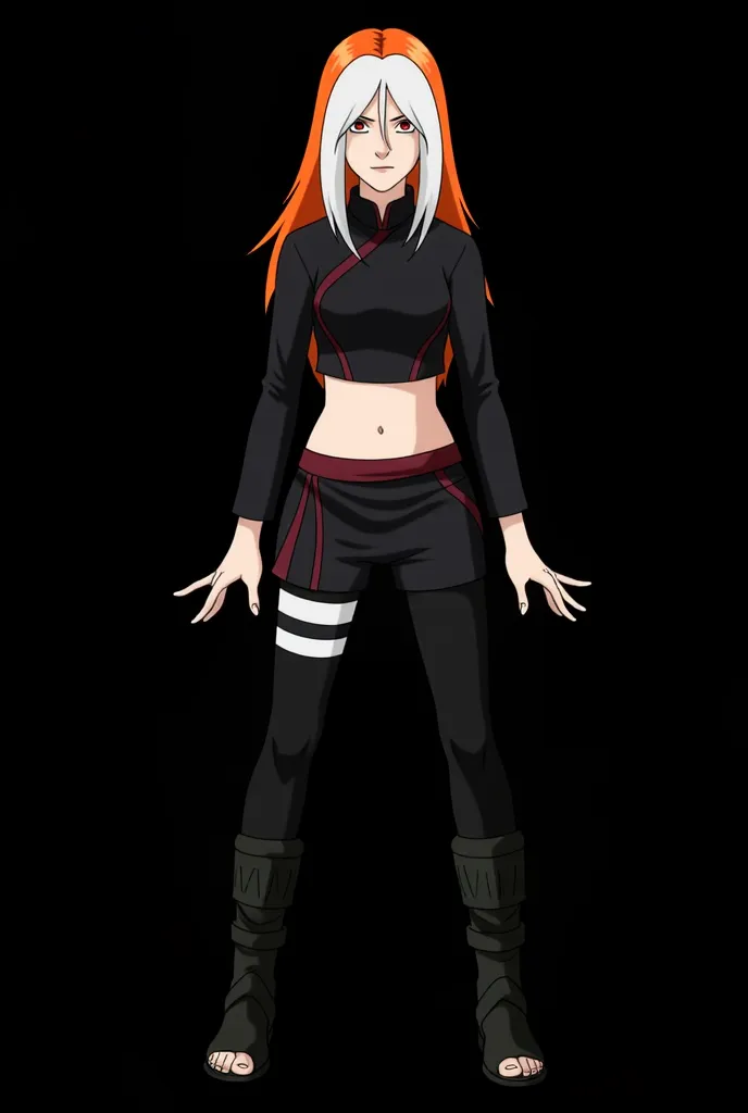  Female character of an 18-year-old girl designed for the Boruto universe: Naruto Next Generarions, in the style of Masashi Kishimoto ,  Aparência:

Age: 18 anos

 Aparência:

 Hair:  long and flaming ,  with an intense orange tone that seems to shine in t...