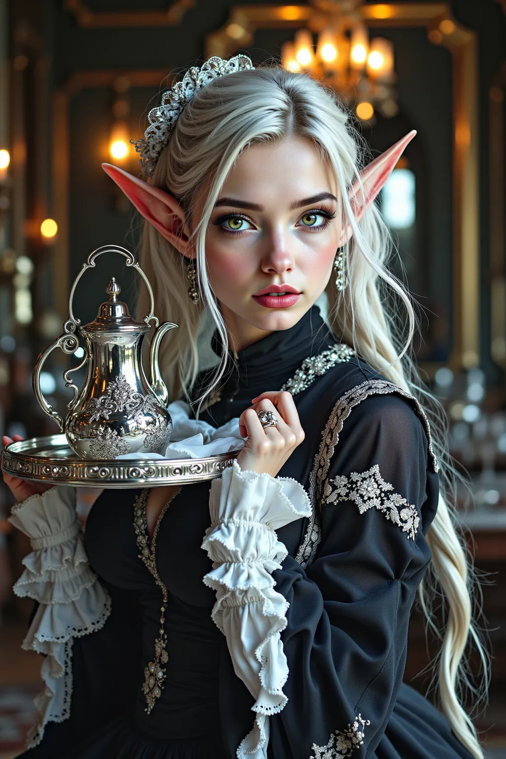 A breathtakingly beautiful elven maid standing gracefully in a grand, candlelit manor of an ancient noble house. Her long, sleek black hair cascades down her back, shimmering with ethereal, luminous reflections, as if touched by moonlight. Her piercing gre...