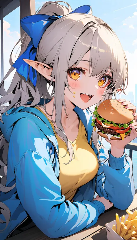 1girl, solo, long hair, blush, smile, open mouth, long sleeves, medium breasts, upper body, yellow eyes, grey hair, hair ribbon, sidelocks, open clothes, pointy ears, open jacket, upper teeth only, eating, holding food, blue jacket, high ponytail, blue rib...