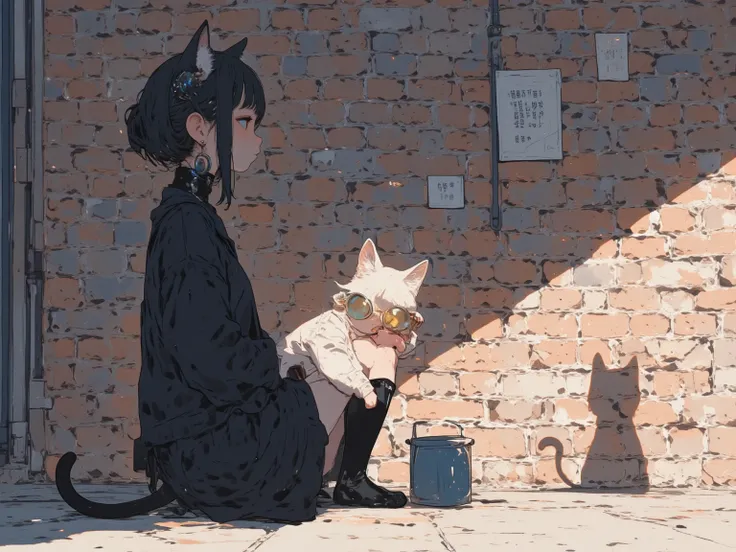 (masterpiece, incredibly absurdres, highres, newest, detailed background, ), (black cat, sitting in front of a brick wall\right position\light to left hits\The shadow is in the shape of a standing girl with cat ears), illustration