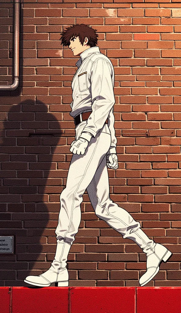 (side view) Handsome cute anime hero boy, white leather jumpsuit, white leather gloves and boots, brown hair, blue eyes, walking to the right, fists, large stride, smirk, walking across a red platform on the side of a brick wall